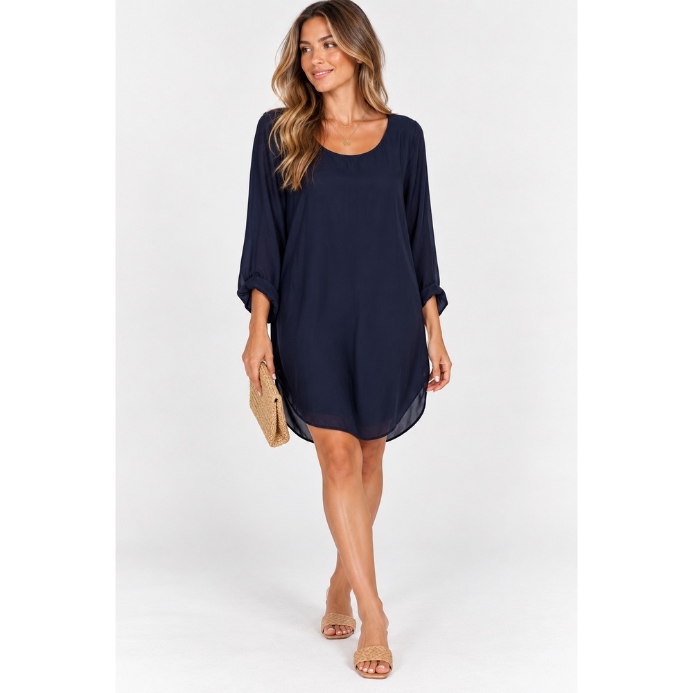 Ralph Lauren 100% Silk Dress Navy Blue Long Sleeve Crew Neck Capsule Womens XL